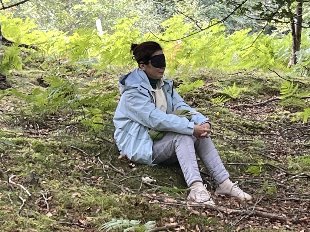 A participant practising quiet attention among the ferns